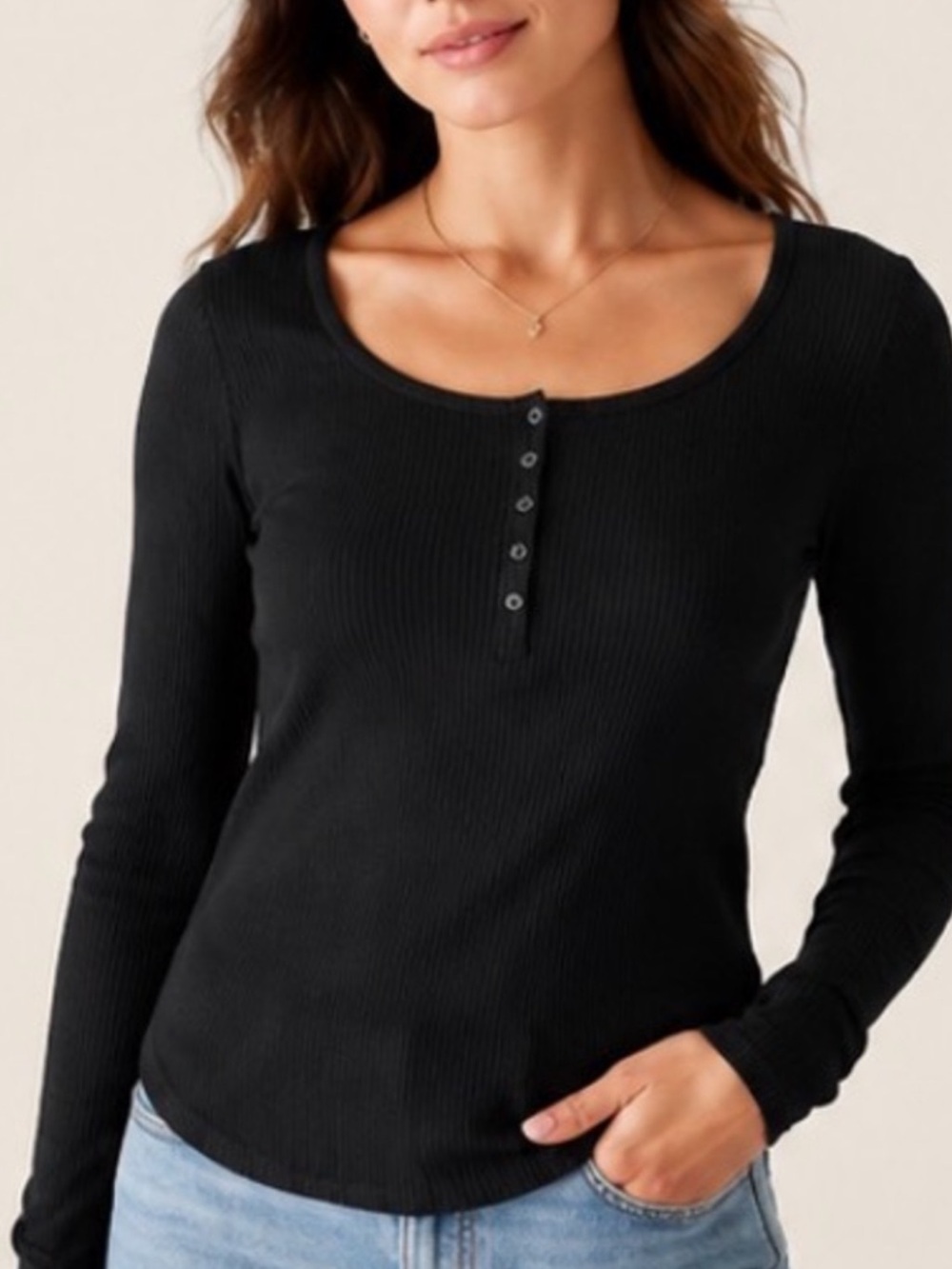 Banana Republic Black Wool Henley Long-Sleeve Top
